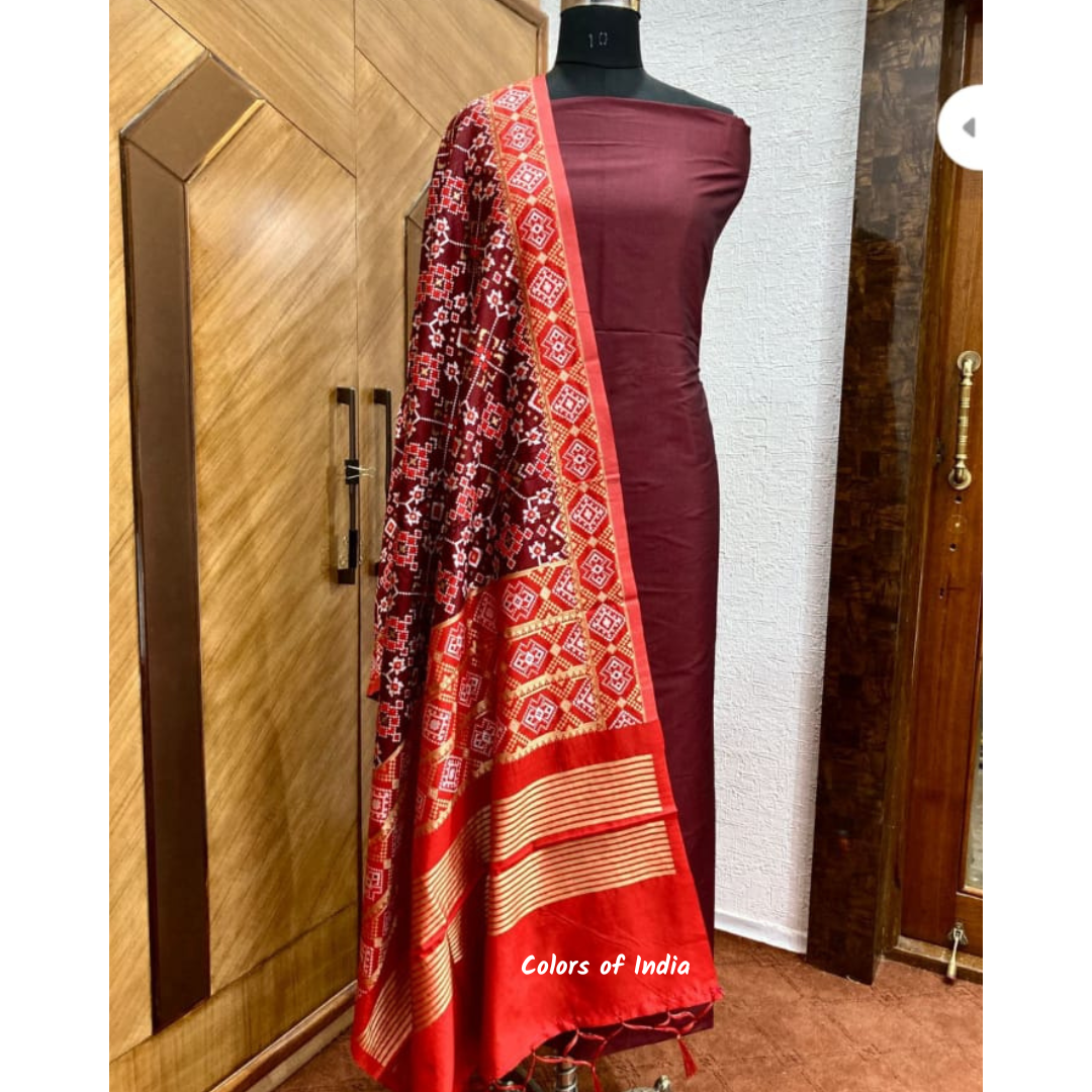 Banarasi  Plain Silk Suit with Patola Silk Dupatta  , FREE  DELIVERY