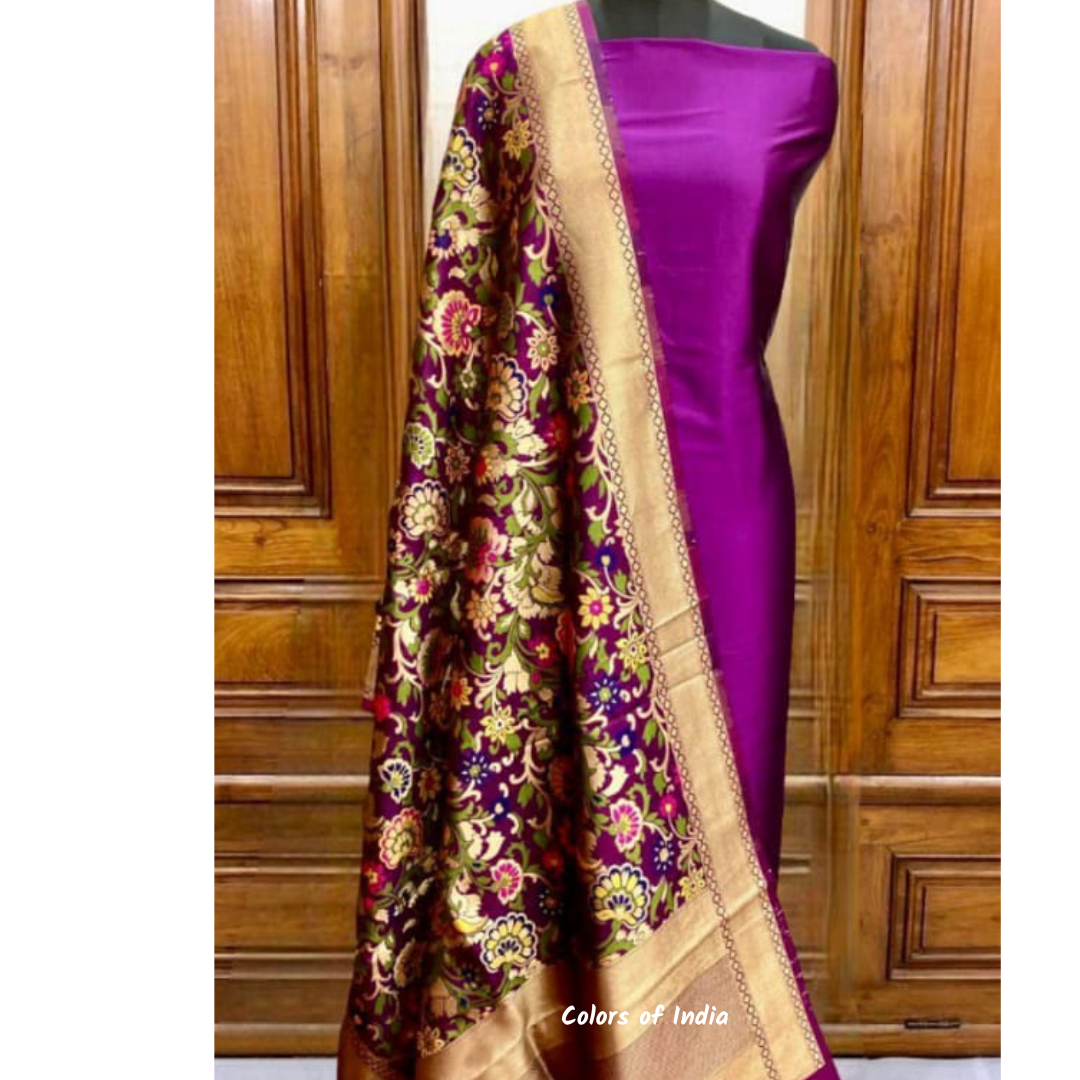 Banarasi Plain Silk Suit with  Silk Jacquard  Dupatta , FREE DELIVERY