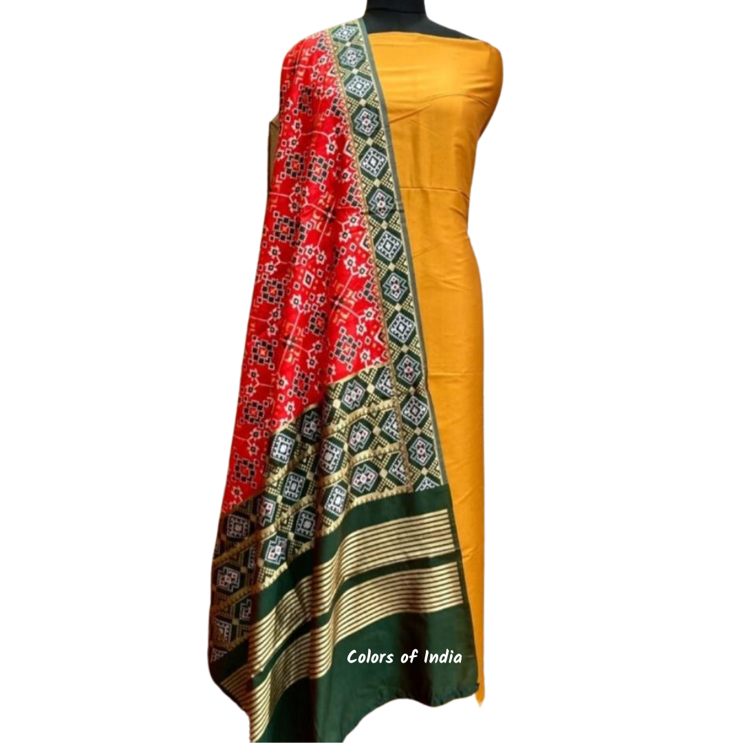 Banarasi  Plain Silk Suit with Patola Silk Dupatta  , FREE  DELIVERY