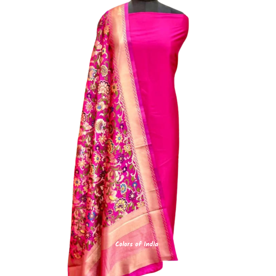 Banarasi Plain Silk Suit with  Silk Jacquard  Dupatta , FREE DELIVERY