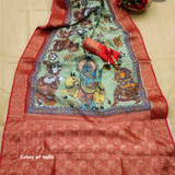 Printed Kalamkari  Linen Saree  ,   FREE  DELIVERY