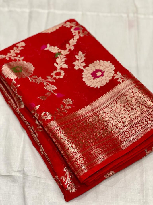 Elegant Banarasi Semi Georgette Saree with Rich Zari Weaving & Traditional Bootis