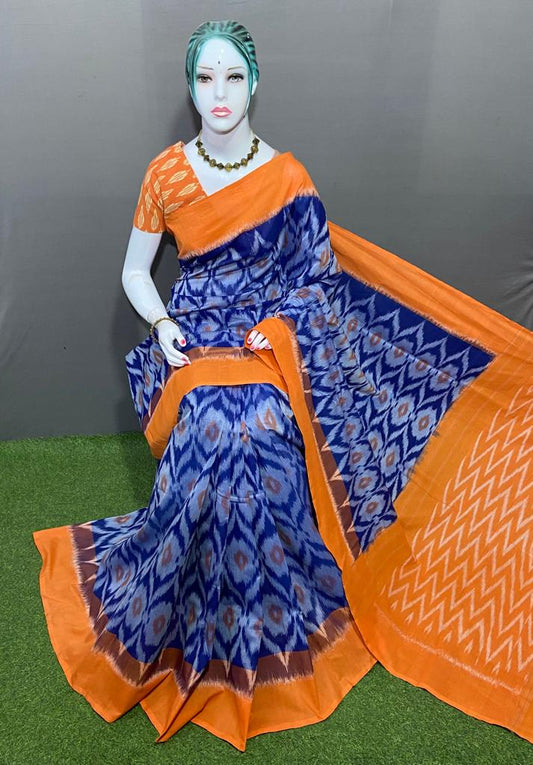 Ikat handloom 100 % cotton sarees with blouse piece ,  FREE DELIVERY