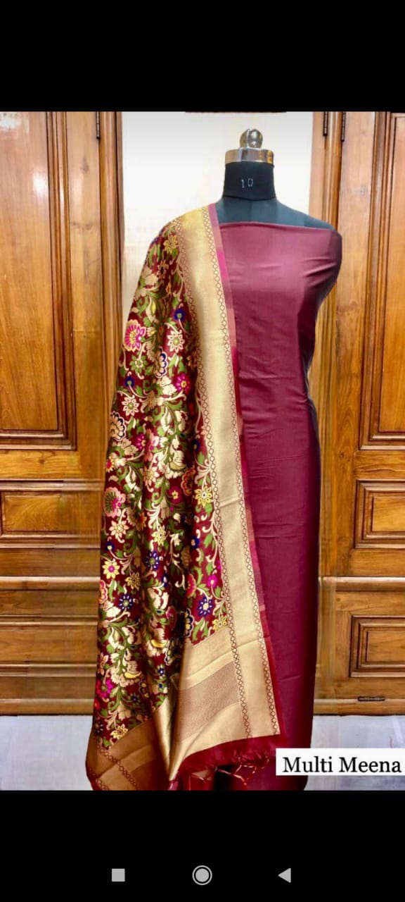 Banarasi Plain Silk Suit with  Silk Jacquard  Dupatta , FREE DELIVERY