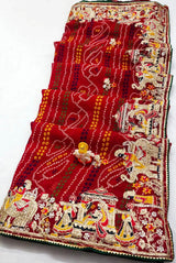 Red georgette  bandhini saree with zari embroidered border ,  FREE  DELIVERY