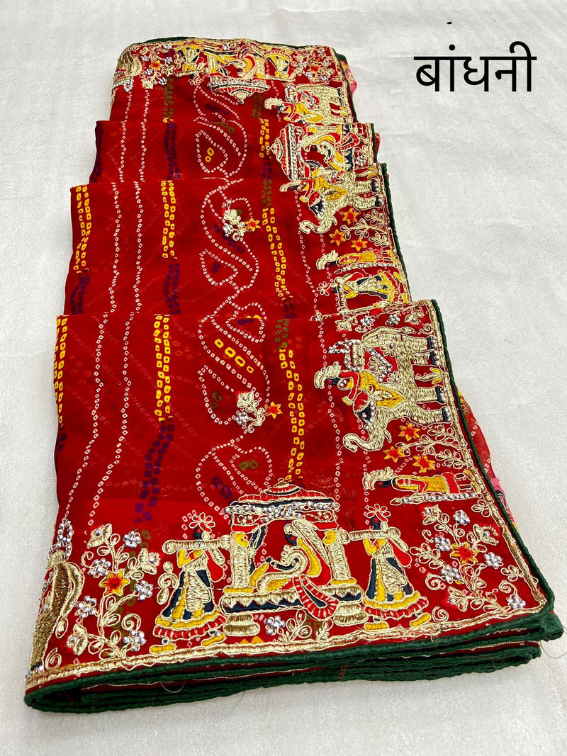 Red georgette  bandhini saree with zari embroidered border ,  FREE  DELIVERY