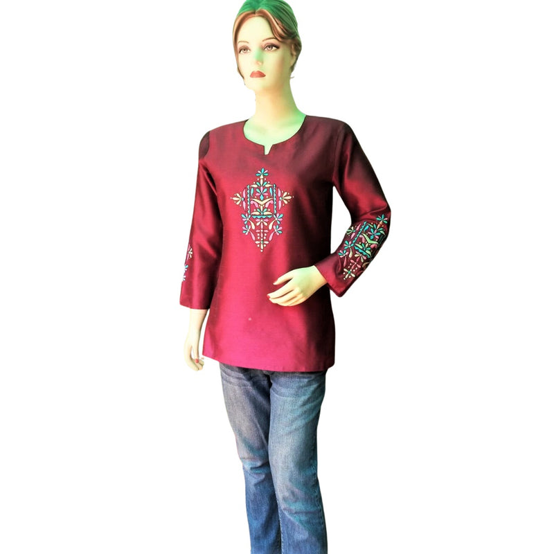 Burgundy Art Silk Embroidered Kurti  , FREE DELIVERY