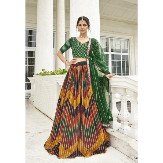 Green Lehenga for Navratri  , Lehenga for  Sangeet  , Semi Stitched Lehenga , FREE  DELIVERY