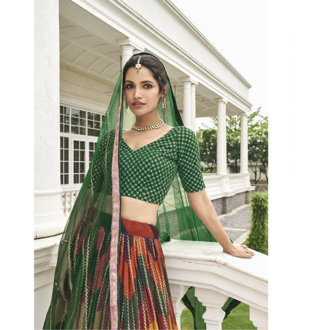 Green Lehenga for Navratri  , Lehenga for  Sangeet  , Semi Stitched Lehenga , FREE  DELIVERY