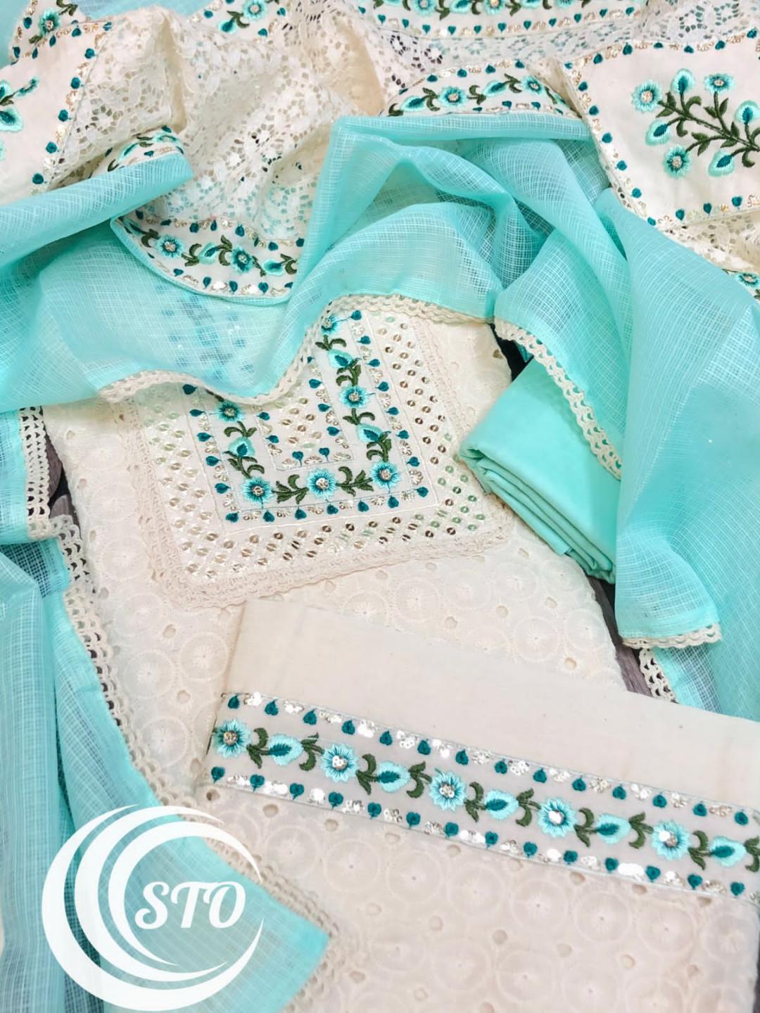 Offwhite Cotton Suit Set with Schiffly Embroidery