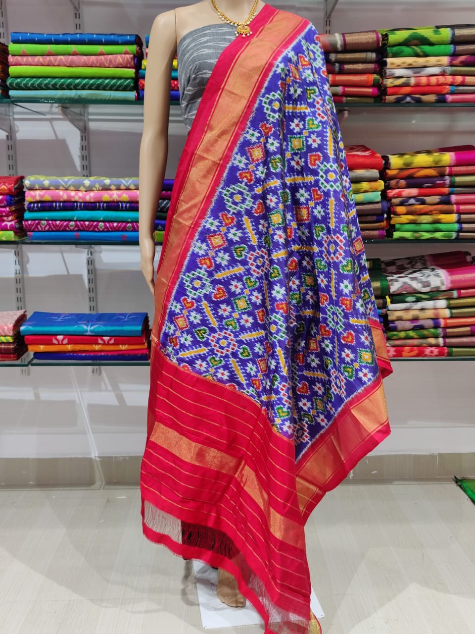 Blue / Red 100 % Silk Ikat Dupatta  , FREE  DELIVERY