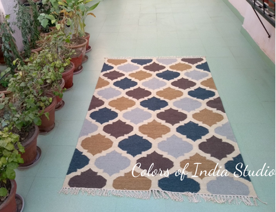 4 Feet x 6 Feet Blue / Brown Wool and  Cotton Rug / Dhurrie  FREE  DELIVERY