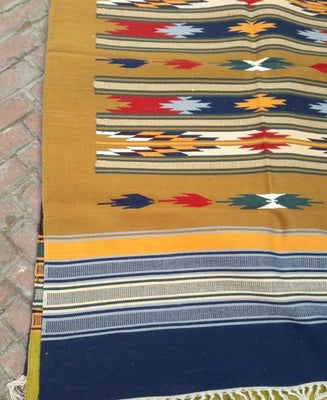 4 Feet x 6 Feet Mustard / Navy 100 % Cotton Rug / Dhurrie , FREE DELIVERY