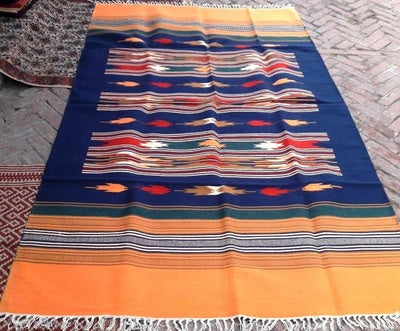 4 Feet x 6 Feet Navy / Orange 100 % Cotton Rug / Dhurrie ,  FREE DELIVERY