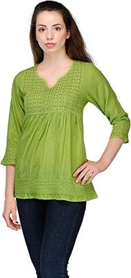 Colors of India Green Cotton Lace Top For Women, Chest 36 Inches