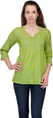 Colors of India Green Cotton Lace Top For Women, Chest 36 Inches
