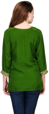 Green Silk Crepe Embellished kurti , Chest 40 Inches , FREE  DELIVERY