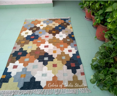 3 Feet x 5 Feet Multi Color Wool and Cotton Rug / Dhurrie, FREE  DELIVERY
