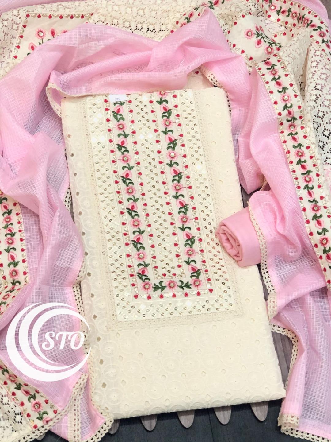 Offwhite Cotton Suit Set with Schiffly Embroidery