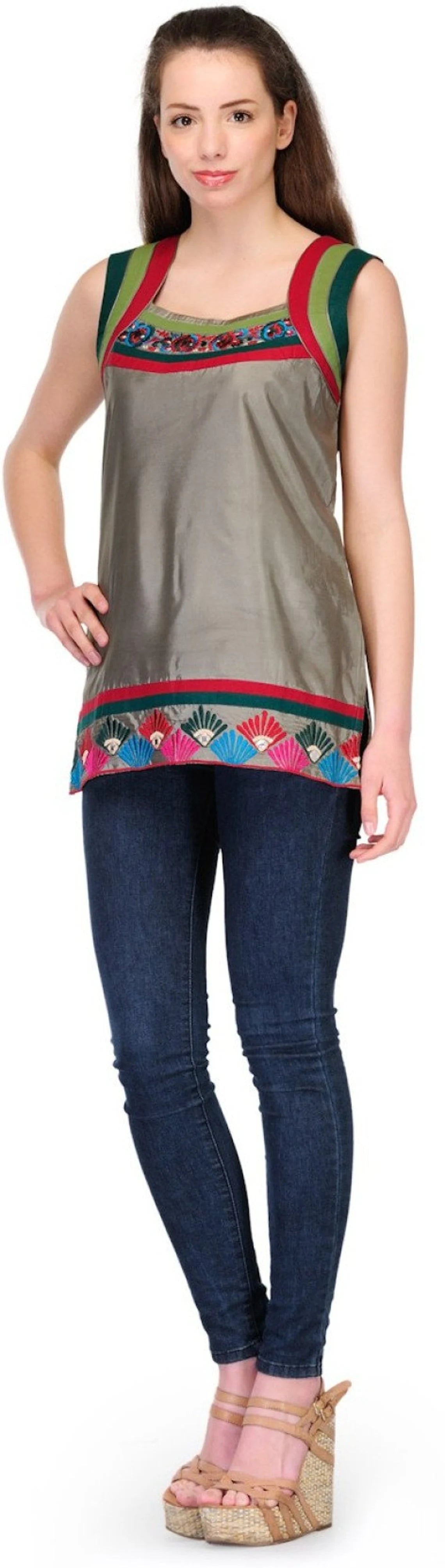 Grey silk satin sleeveless  embroidered kurti  , Chest 38 Inches  , FREE  DELIVERY