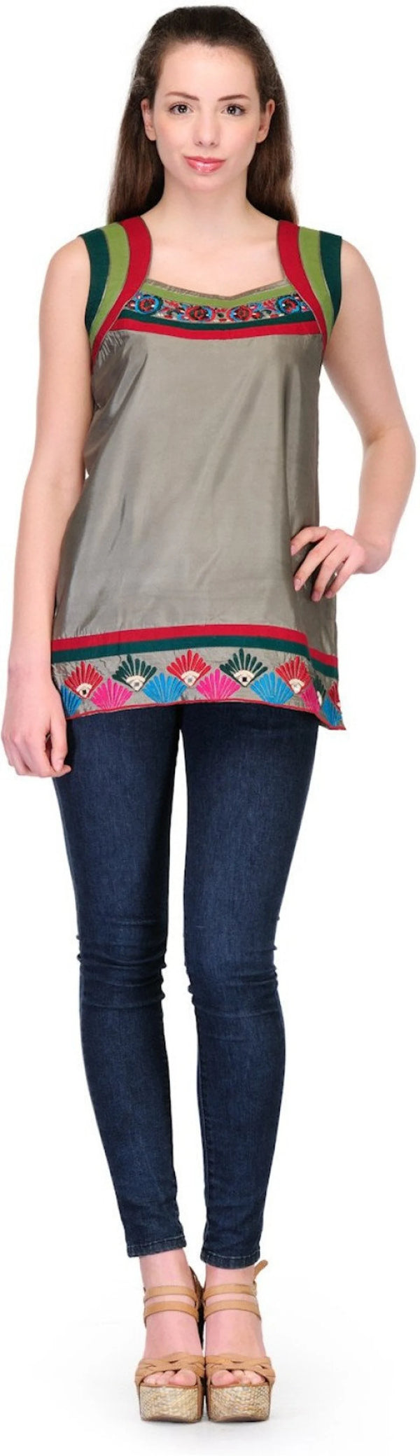 Grey silk satin sleeveless  embroidered kurti  , Chest 38 Inches  , FREE  DELIVERY