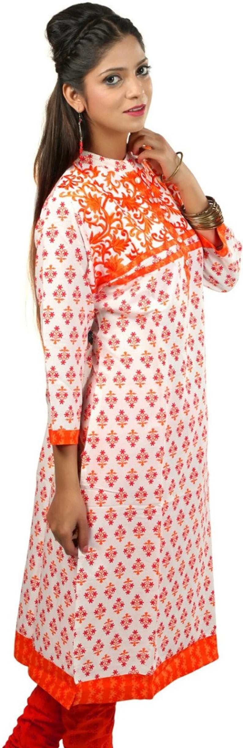 Ladies Orange Embroidered Viscose Kurta  , FREE  DELIVERY