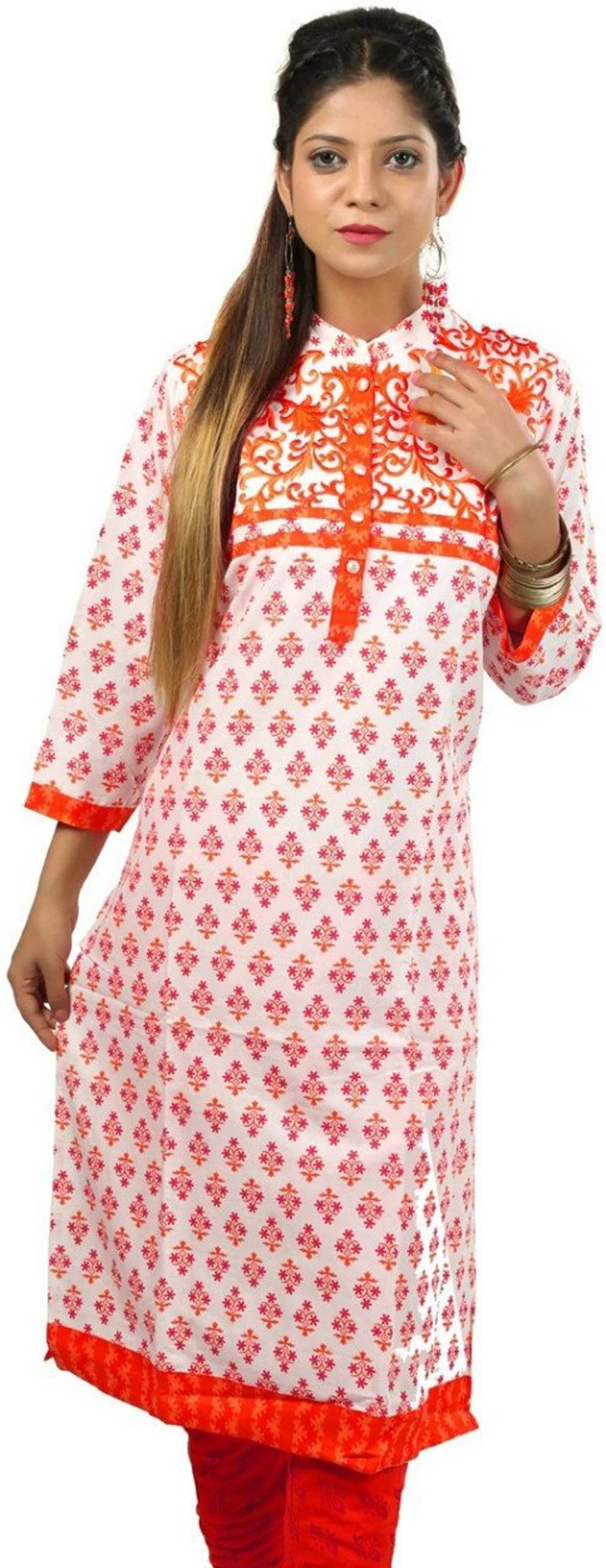 Ladies Orange Embroidered Viscose Kurta  , FREE  DELIVERY