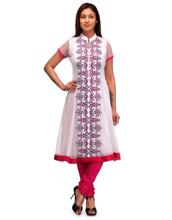 White Net Long Embroidered Kurta , FREE  DELIVERY