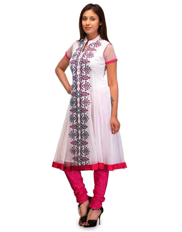 White Net Long Embroidered Kurta , FREE  DELIVERY