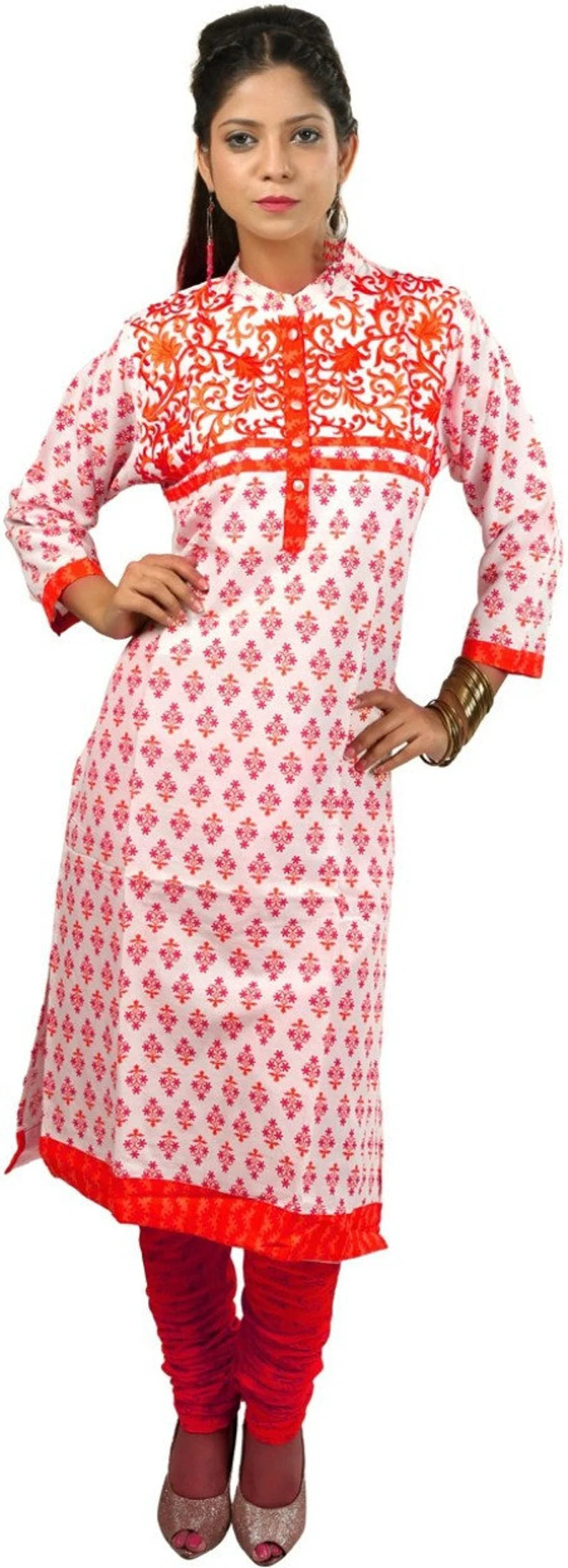 Ladies Orange Embroidered Viscose Kurta  , FREE  DELIVERY