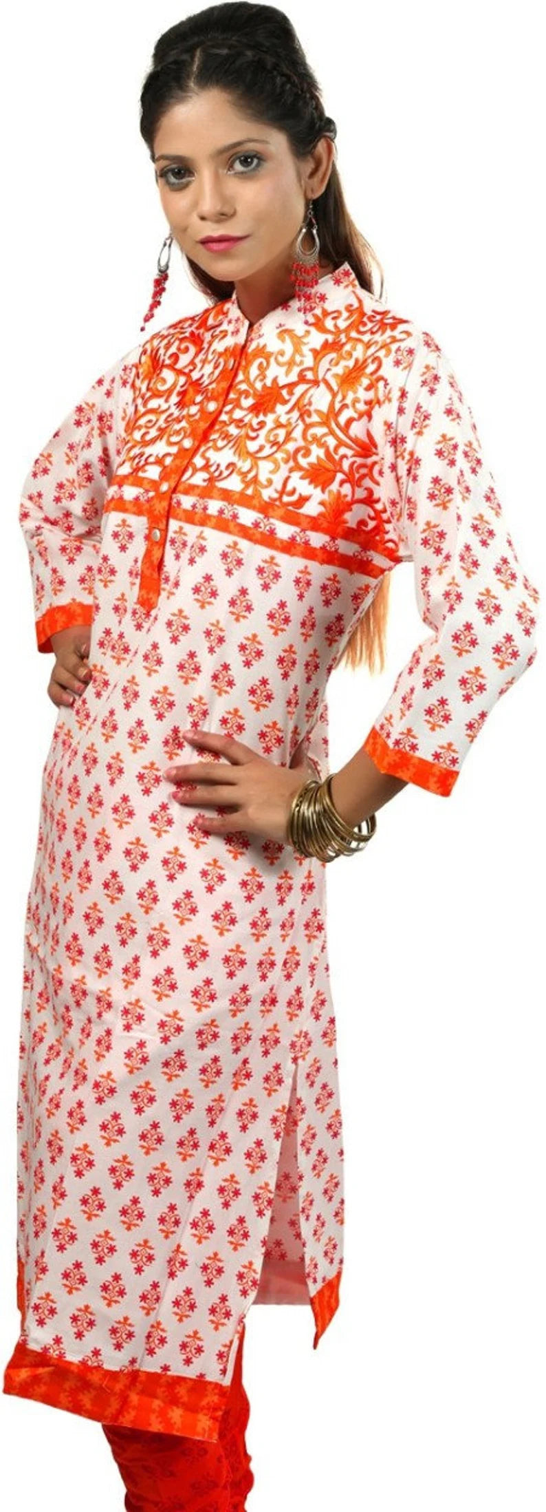 Ladies Orange Embroidered Viscose Kurta  , FREE  DELIVERY