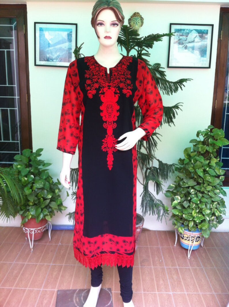 Black / Red  Georgette Women's Straight Kurta , Chest 44 Inches  , FREE DELIVERY
