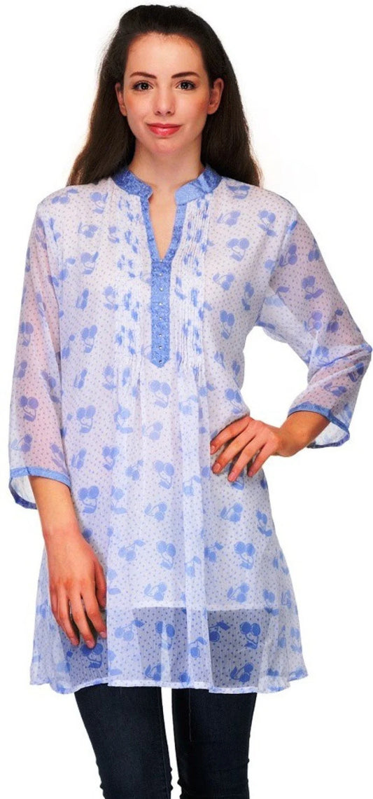 Blue  Chiffon Kurti for Women , Chest 42 Inches  , FREE  DELIVERY