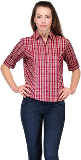 Maroon / Creme Office Wear Check Top For Women  , FREE  DELIVERY