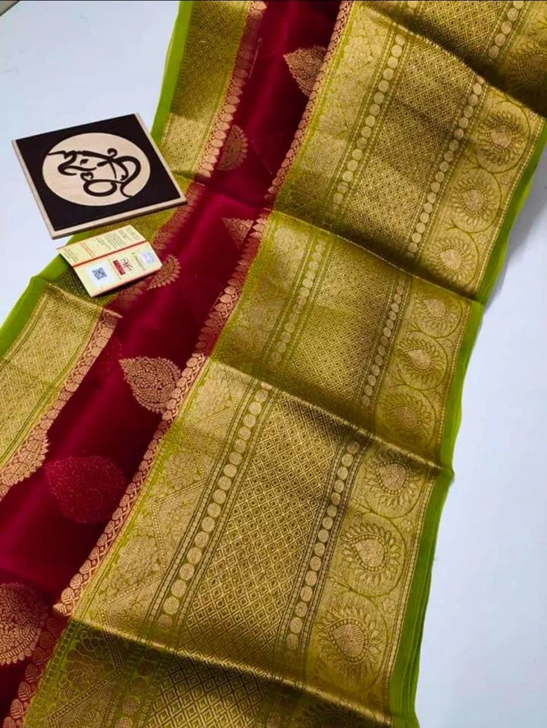 Colors of India Banarsi Silk Organza Handwoven Saree with blouse piece in Black / Maroon Color Combination