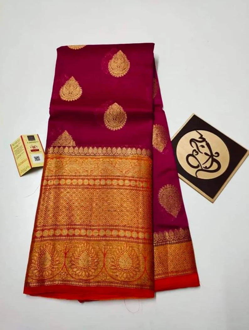 Colors of India Banarsi Silk Organza Handwoven Saree with blouse piece in Black / Maroon Color Combination