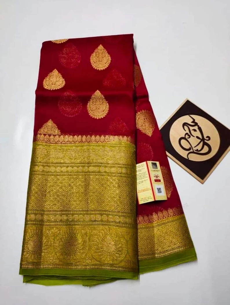 Colors of India Banarsi Silk Organza Handwoven Saree with blouse piece in Black / Maroon Color Combination