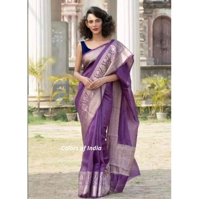 Handwoven Banarasi Linen Saree  with blouse piece  , FREE DELIVERY