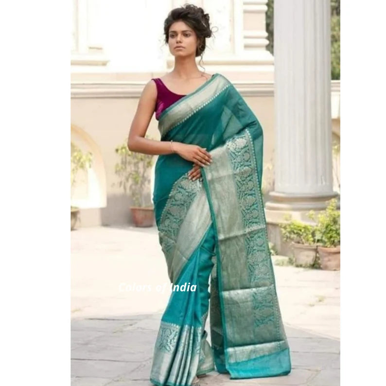 Handwoven Banarasi Linen Saree  with blouse piece  , FREE DELIVERY