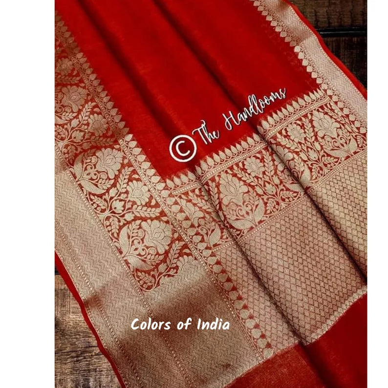 Handwoven Banarasi Linen Saree  with blouse piece  , FREE DELIVERY