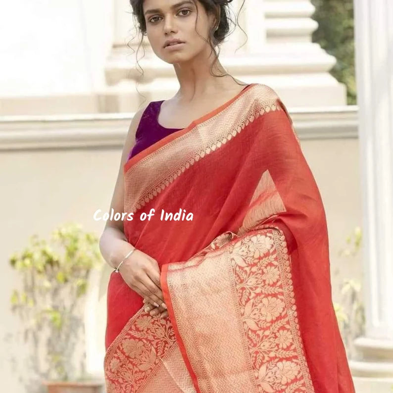 Handwoven Banarasi Linen Saree  with blouse piece  , FREE DELIVERY