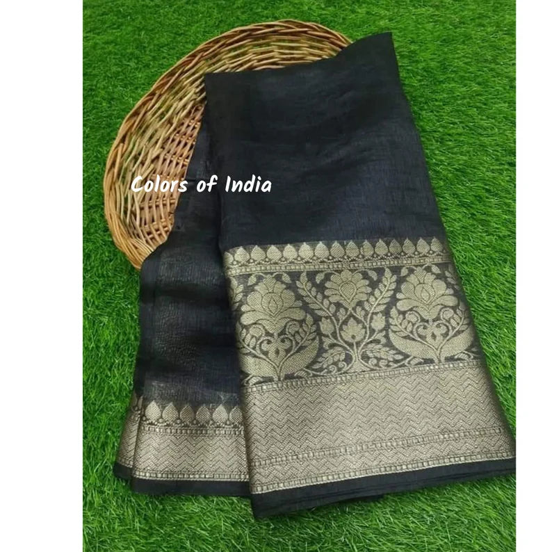 Handwoven Banarasi Linen Saree  with blouse piece  , FREE DELIVERY